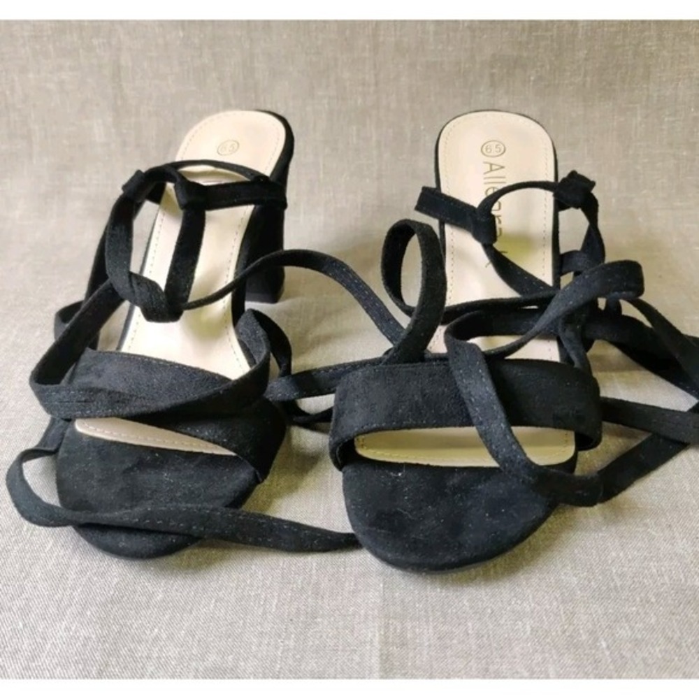 Allegra K Heels‎ Black Suede Ankle Wrap 6.5 Romantic Strappy Party Witchy Shoe